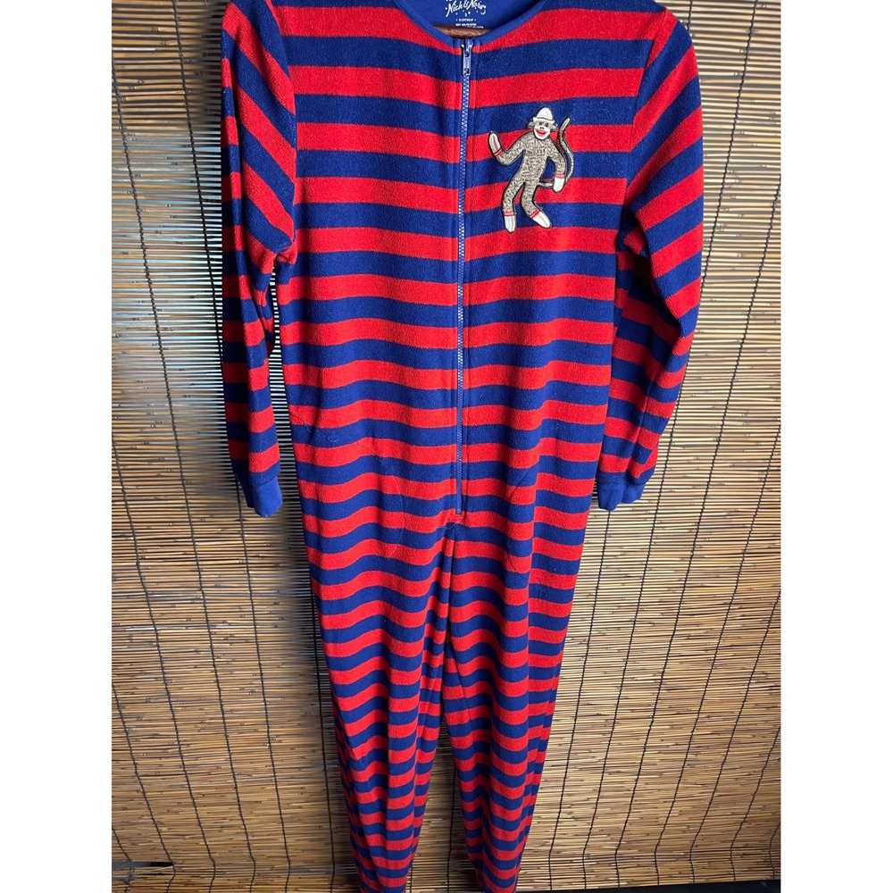 Nick & Nora Sock Monkey Fleece Footed Pajamas Red Blue Striped Small Sleepwear